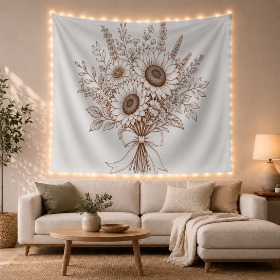 Sunflower Bouquet Line Art With Leaves, Peaceful Minimalist Style for Flower Lovers, Botanical Wall Art, Mother's Day Gift, Tapestry Wall Hanging for Bedroom and Living Room