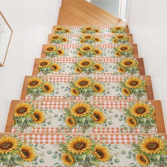 Sunflower Bouquet Stair Treads Non Slip for Steps Summer Floral Farmhouse Eucalyptus Leaf Orange Plaid 10 Pcs Reusable Adhesive Stair Runner Mats for Pet Carpet Treads Rugs for Staircase 8x30 In