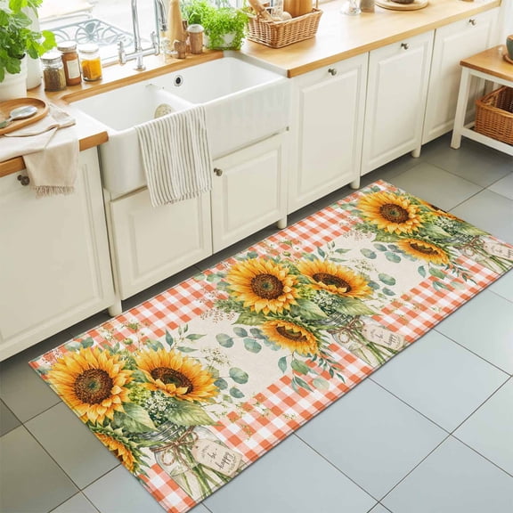 Sunflower Bouquet Washable Runner Rugs 2'x6', Summer Floral Farmhouse Eucalyptus Leaf Orange Plaid Washable Runner Rug Non-Slip Sturdy Edge Binding Carpet for Bedside Hallway Runner Kitchen Galley