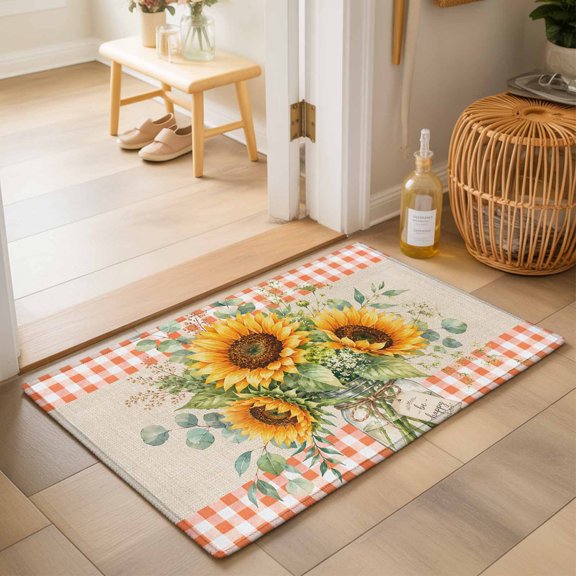 Sunflower Bouquet Washable Small Entryway Area Rugs 2'x3', Summer Floral Farmhouse Eucalyptus Leaf Orange Plaid Washable Throw Rug Non-Slip Sturdy Edge Binding Carpet for Front Door Floor Room Entry