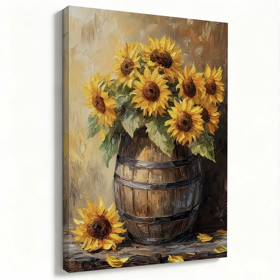 Sunflower Bouquet in Wooden Barrel Canvas Wall Art