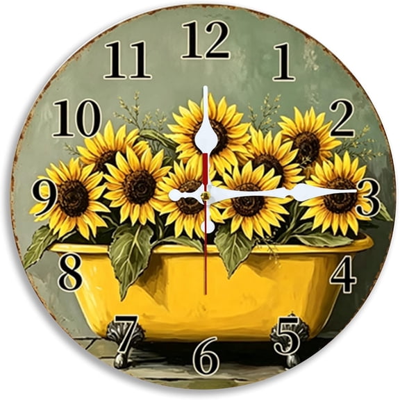 Sunflower Bouquet in Yellow Tub 2D Wall Clock, Silent Non Ticking, 12x12 inch, Kitchen, Living Room, Farmhouse Decor, Battery Not Included