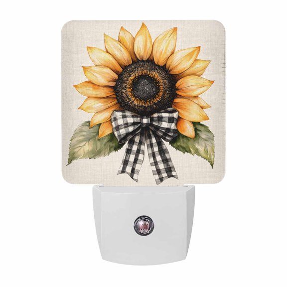 Sunflower Bow Plug-in LED Night Lights Linen Background Auto Dusk-to-Dawn Sensor for Bedroom, Bathroom, Kitchen, Nursery, Hallway, Stairs, Wall Home Decor