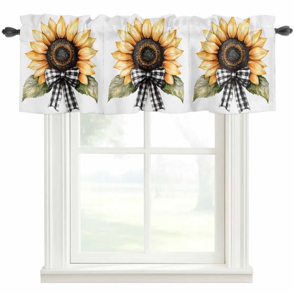 Sunflower Bow Window Valance Curtain White Background Rod Pocket Short Curtain for Living Room, Bedroom & Kitchen Window Decor 42x18in
