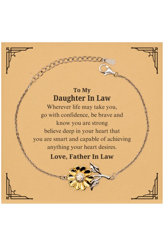 Sunflower Bracelet for Daughter In Law - Engraved with Inspirational Message from Father In Law - Perfect Gift for Birthday, Christmas, and Graduation - Confidence and Strength Jewelry