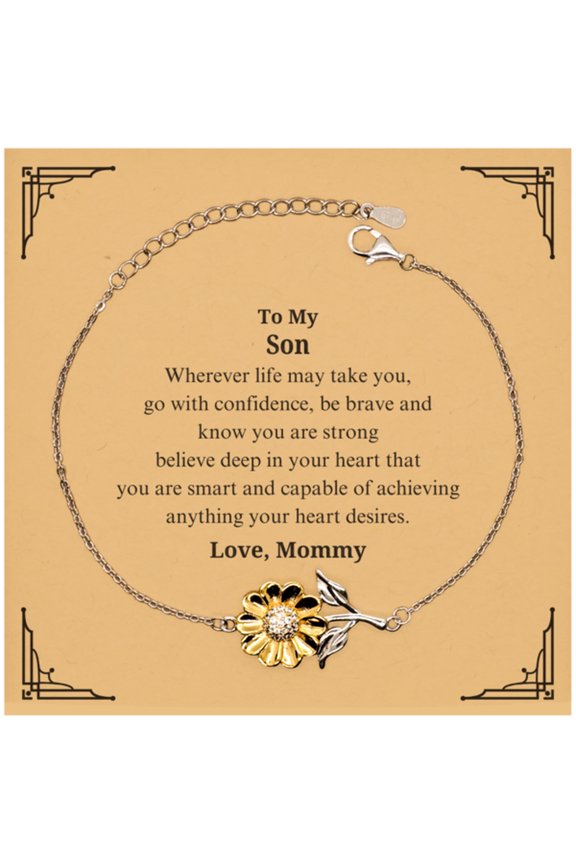 Sunflower Bracelet for Son - Engraved Message from Mom, Inspirational Gift for Christmas, Graduation, Birthday - Confidence and Love for Your Strong Son