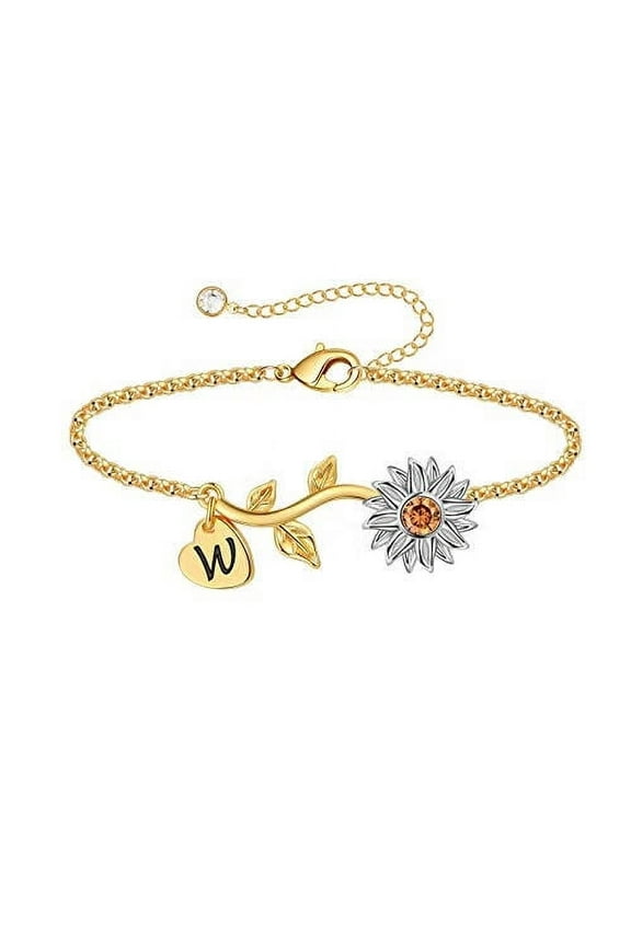 Sunflower Bracelets for Women Girls 14K Gold Plated Bracelets Dainty Cubic Zirconia Suflower Charm Initial Heart Pendant Sunflower Gifts for Women Teen Girls