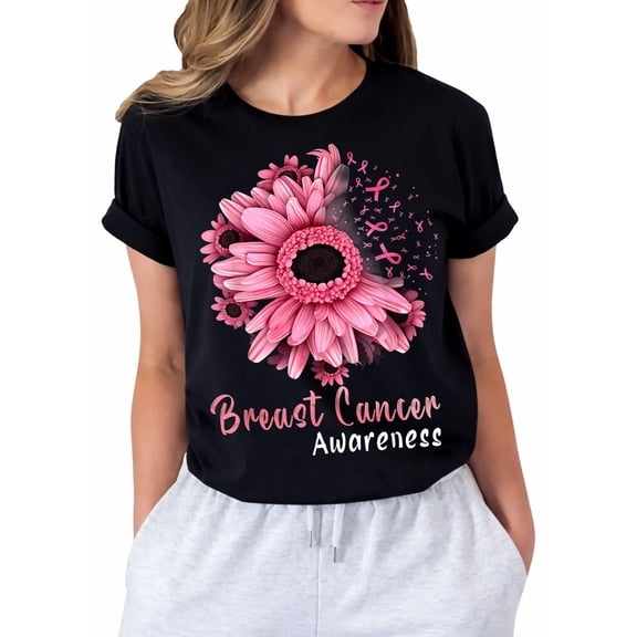 Sunflower Breast Cancer Awareness Pink Ribbon in October T-Shirt
