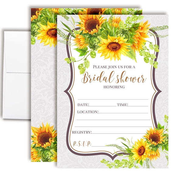 Sunflower Bridal Shower Invitations, 20 Fill-In Cards with Envelopes, 5x7 Wedding Shower Invitations for Bride, Bridal Party Supplies and Decorations, Made in USA by Amanda Creation