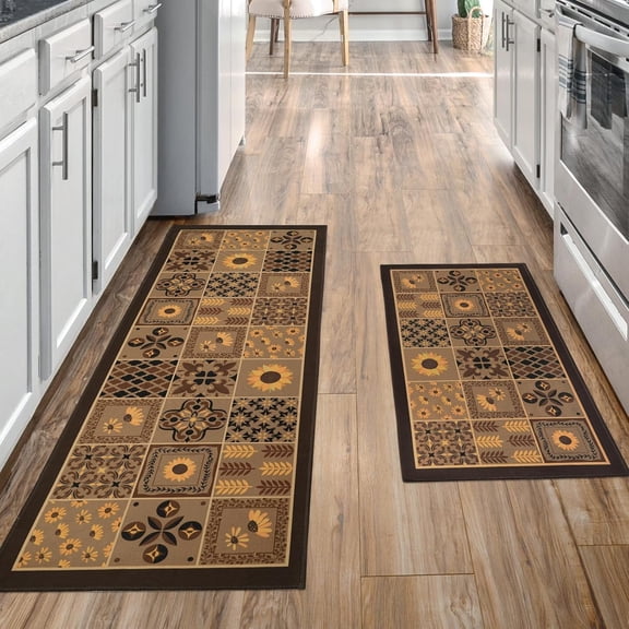 Sunflower Brown Boho Kitchen Mats for Floor Set of 2, Floral Geometric Abstract Kitchen Floor Mat Runner Carpet Brown Sunflower Decor and Accessories for Kitchen Home, 17x30 and 17x47 Inches