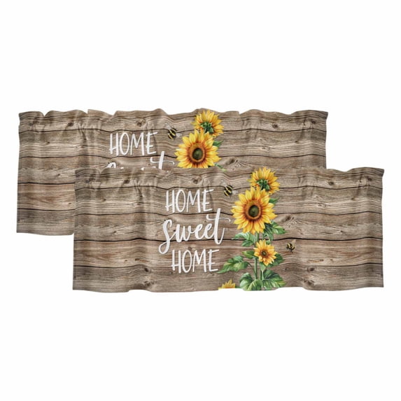 Sunflower Brown Curtain Valances for Windows, Kitchen Valance Window Treatments Panel 2 Pack, Farmhouse Bee Country Wooden Grain Rod Pocket Short Curtains for Bathroom Bedroom 54 x 18 Inch