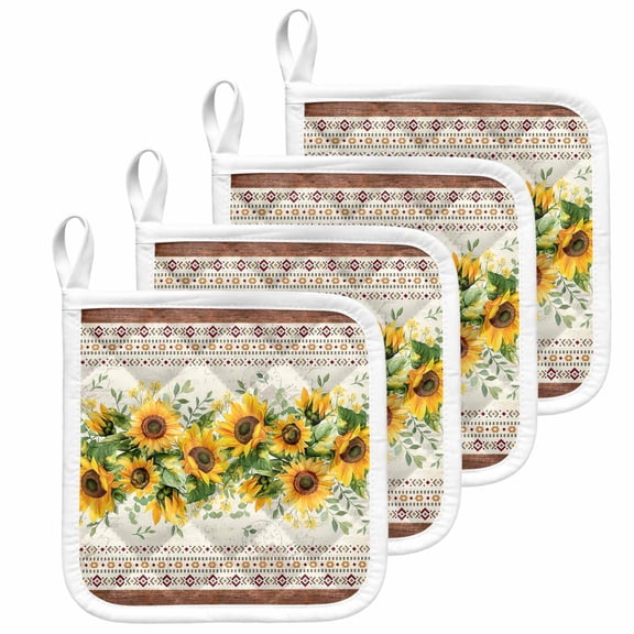 Sunflower Brown Pot Holders for Kitchen Heatproof Potholder, 4 Pack Retro Southwest Country Plant Leaf Floral Hot Pads Multipurpose Oven Pads Cloth Potholders Trivet for Cooking and Baking