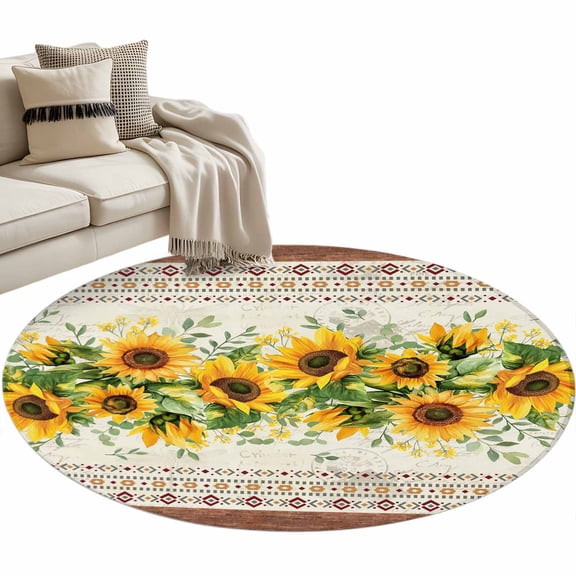 Sunflower Brown Round Rug 3ft Area Rug Washable Soft Non-Slip 3' Circle Low Pile Rugs Retro Southwest Country Plant Leaf Floral Carpet for Bedroom Living Room Entryway Home Office Dining Room