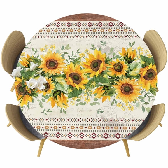 Sunflower Brown Round Tablecloth 36-44 Inch Round Fitted Table Cloth with Elastic Edge, Retro Southwest Country Plant Leaf Floral Waterproof Table Cover Protector for Outdoor Picnic Party Dining