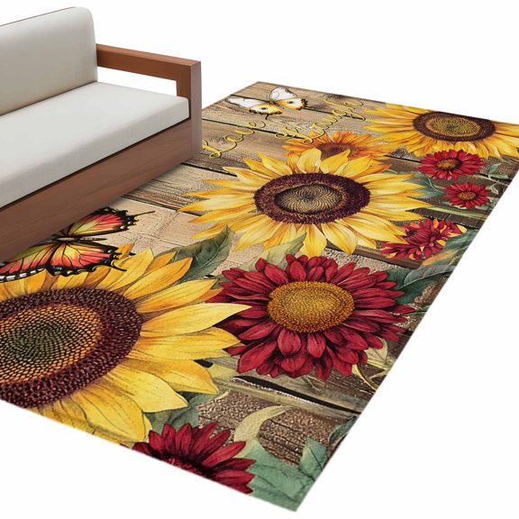 Sunflower Brown Wooden 3'x5' Washable Rug, Vintage Flowers Butterfly Non-Slip Area Rugs for Entryway Kitchen Classroom, Dorm Throw Carpet, Low Pile Soft Indoor Floor Mat