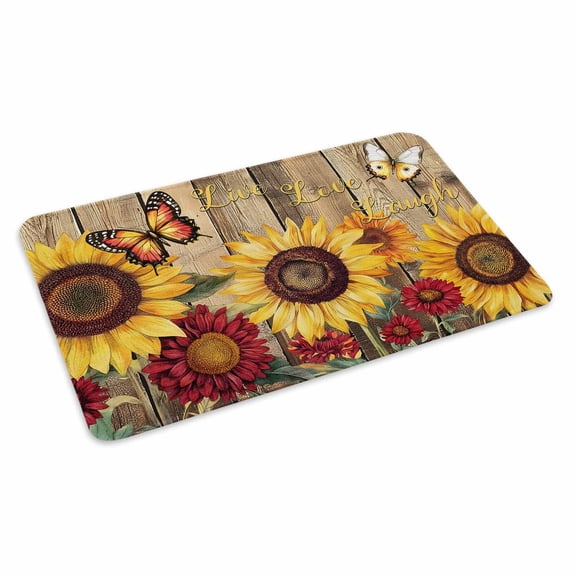 Sunflower Brown Wooden Doormat Outdoor Entrance 16"x24", Vintage Flowers Butterfly Absorb Moisture Dirt Door Mats, Non-Slip Rubber Backing Floor Mats Indoor, Low-Profile Front Door Rugs