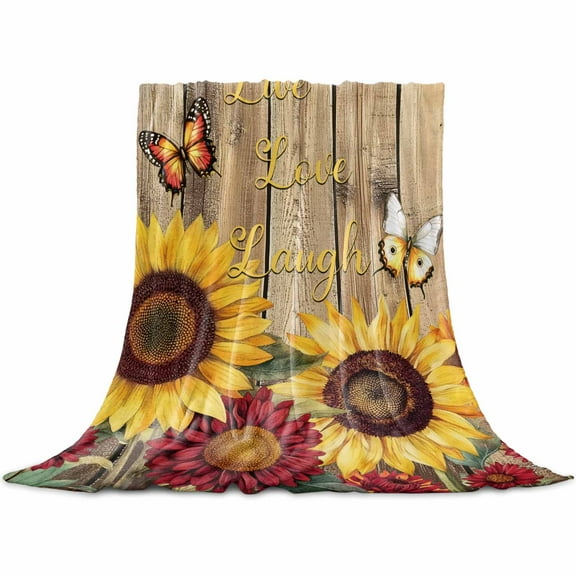 Sunflower Brown Wooden Flannel Blanket for Bed, Vintage Flowers Butterfly Soft Cozy Warm Couch Throw Blanket, Lightweight Fluffy Plush Bedding Blankets for Sofa Decor All Season 50"x60"