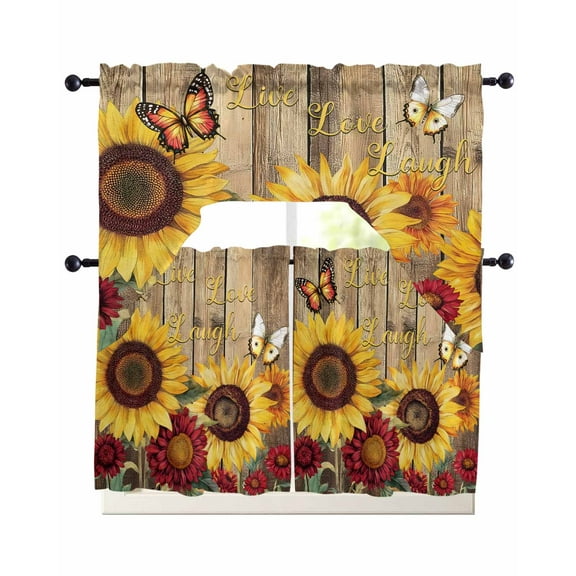 Sunflower Brown Wooden Kitchen Curtains Sets 24 Inch Length with Valance, Vintage Flowers Butterfly Swag Valances and Tiers Curtain Set Drapes Swag Curtains for Living Room, Bathroom, Bedroom, Cafe