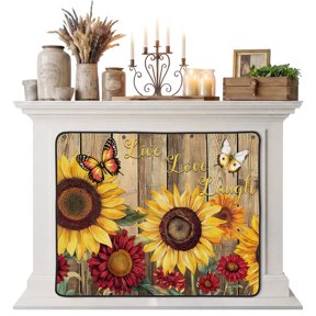 Sunflower Brown Wooden Magnetic Fireplace Cover, Fireplace Draft Blocker, Vintage Flowers Butterfly Fireplaces Blanket for Heat Loss/Cold Air, Fireplaces Draft Stopper Cover for Inside 45"x34"