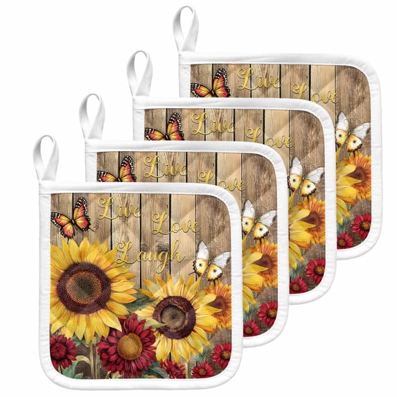 Sunflower Brown Wooden Pot Holders for Kitchen Heatproof Potholder, 4 Pack Vintage Flowers Butterfly Hot Pads Multipurpose Oven Pads Cloth Potholders Trivet for Cooking and Baking