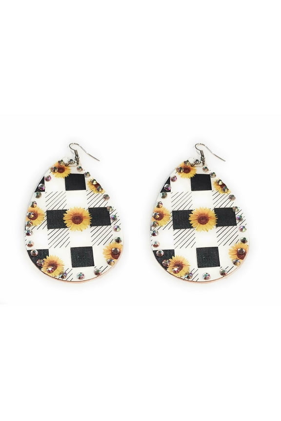 Sunflower Buffalo Plaid Earrings Rhinestone Bling Womens Jewelry 3.5" White Black