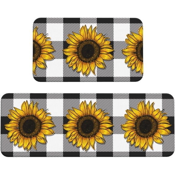 Sunflower Buffalo Plaid Kitchen Mats for Floor, Black White Lattice Kitchen Rug Runner Non-Slip Kitchen Mats and Rugs 2PCS Absorbent Standing Mats for Office Desk Sink