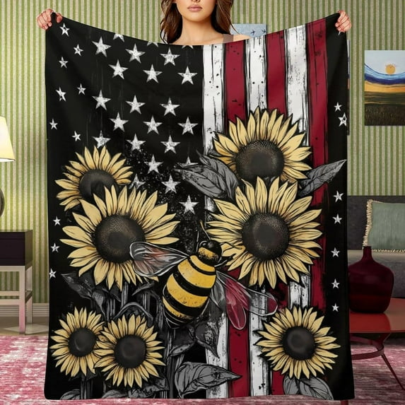 Sunflower Bumble Bee American Flag Blanket Gifts for Girls Boys Soft Throw Blanket Comfy Plush Blanket Flannel Travel Blankets for Outdoor Couch Sofa Birthday Gifts for Women Men Kids
