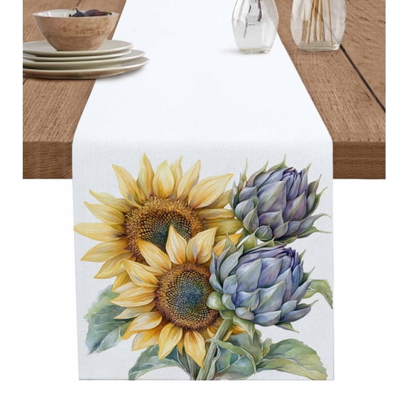 Sunflower Burlap Cotton Table Runner 13x108 Inches Long, Yellow Floral Purple Budding Flowers Botanicals Farmhouse Table Runners, Outdoor Dining Tablecloths Decor for Baby Shower/Party/Wedding