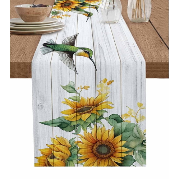 Sunflower Burlap Cotton Table Runner 13x36 Inches Short, Hummingbird Summer Botanical Wooden Farmhouse Table Runners, Outdoor Dining Tablecloths Decor for Baby Shower/Party/Wedding
