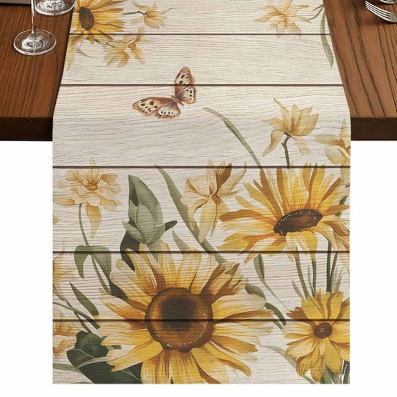 Sunflower Burlap Cotton Table Runner 13x48 Inches Long, Summer Botanical Vintage Spring Floral Farmhouse Table Runners, Outdoor Dining Tablecloths Decor for Baby Shower/Party/Wedding