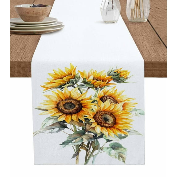 Sunflower Burlap Cotton Table Runner 13x90 Inches Long, Wildflower Garden Floral Watercolor Yellow Farmhouse Table Runners, Outdoor Dining Tablecloths Decor for Baby Shower/Party/Wedding