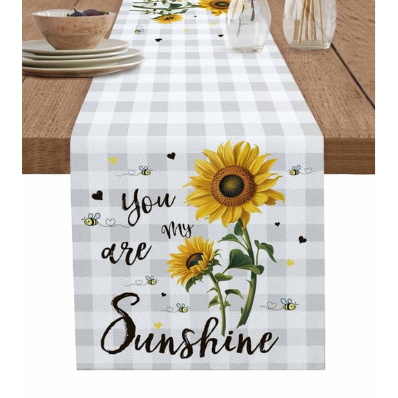 Sunflower Burlap Cotton Table Runner 16x72 Inches Long, Grey Plaid You Are My Sunshine Farmhouse Farmhouse Table Runners, Outdoor Dining Tablecloths Decor for Baby Shower/Party/Wedding