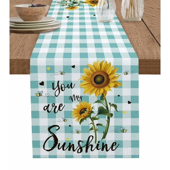 Sunflower Burlap Cotton Table Runner 18x72 Inches Long, Teal Green Check You Are My Sunshine Bee Farmhouse Table Runners, Outdoor Dining Tablecloths Decor for Baby Shower/Party/Wedding