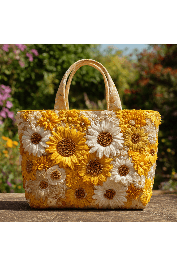 Sunflower Burst Quilted Tote Bag, Sunshine Daisy Quilted Tote Bag