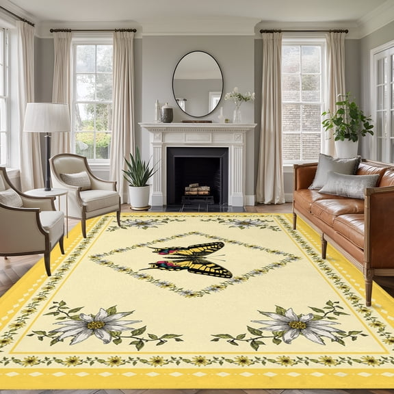 Sunflower Butterfly 8'x10' Large Area Rug for Living Room Sectional Sofa, Vintage Daisy Flower Yellow Border Non Slip Low Pile Rectangle Area Rug, Machine Washable Indoor Outdoor Mat