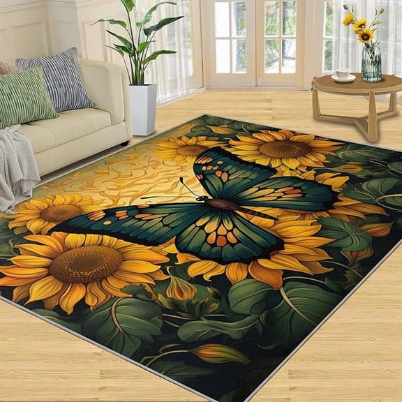 Sunflower Butterfly Area Rug, Sunflower Rug Butterfly Rugs for Bedroom Butterfly Rugs for Boys Room Sunflower Rugs for Living Room Home Decor Floor Mats 2 x 3ft