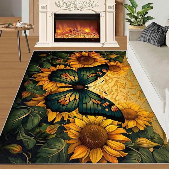 Sunflower Butterfly Area Rug, Sunflower Rug Butterfly Rugs for Bedroom Butterfly Rugs for Boys Room Sunflower Rugs for Living Room Home Decor Floor Mats 2 x 3ft