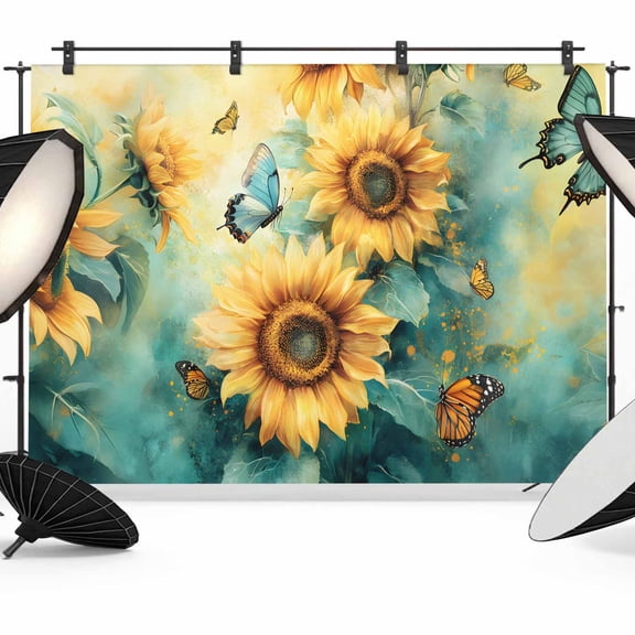 Sunflower Butterfly Backdrop for Photoshoot,Photography Photo Studio Background Wall Backdrop,Retro Green Yellow Pastoral Floral Back Drop Banner Panel for Portraits Wedding Live Streaming 8x6Ft