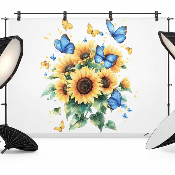 Sunflower Butterfly Backdrop for Photoshoot,Photography Photo Studio Background Wall Backdrop,Yellow Blue Spring Pastoral Plant Back Drop Banner Panel for Portraits Wedding Live Streaming 10x8Ft
