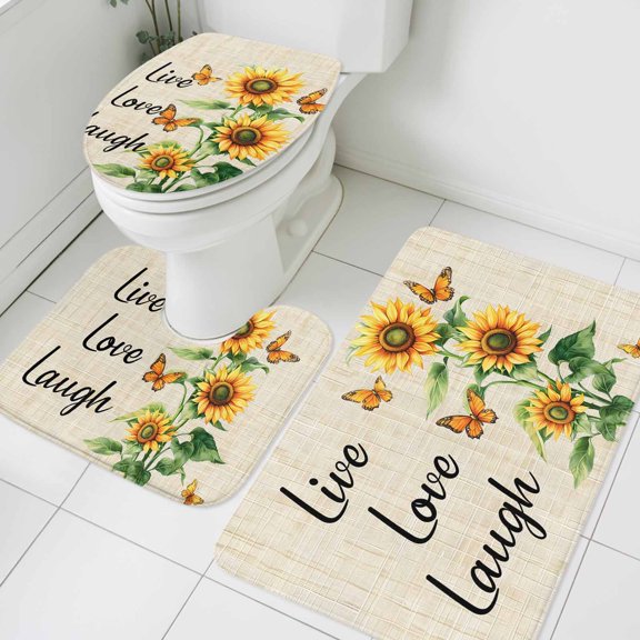 Sunflower Butterfly Bathroom Rugs Set Laugh Live Love Farm Linen Background Non Slip Absorbent Soft Bath Mats 3 Piece Set with Bathroom Rug, U-Shaped Floor Mat, Toilet Seat Cover Small Size