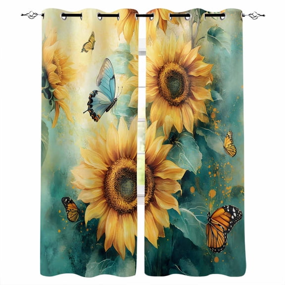 Sunflower Butterfly Blackout Curtains for Bedroom Living Room Darkening Curtains 63 Inches Long Retro Green Yellow Pastoral Floral Window Curtain 2 Panels Set Window Treatment Grommet Drapes 42"x63"