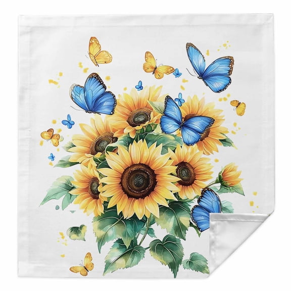 Sunflower Butterfly Cloth Napkins Washable Set of 1, Yellow Blue Spring Pastoral Plant Reusable Dinner Table Napkins Cloth Bulk for Weddings Kitchen Restaurants Hotel Events Parties 20 x 20 Inch