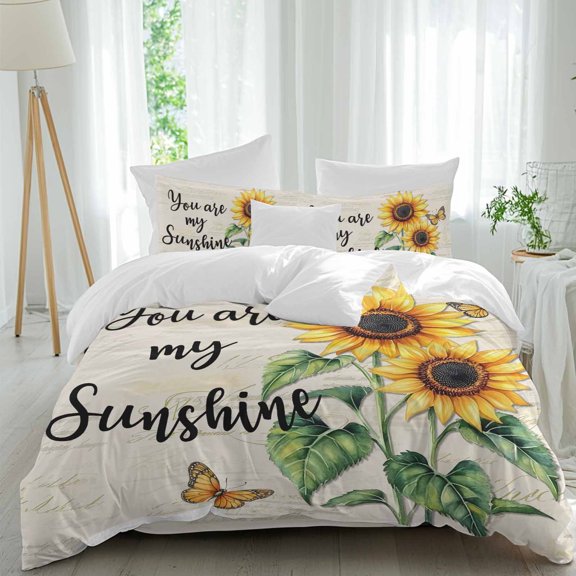 Sunflower Butterfly Comforter Set Twin Size, You Are My Sun Shine Vintage Farmhouse Soft Bedding Set for Man Woman, 4 Pieces Duvet Cover Set with Fitted Sheet, 2 Pillowcases