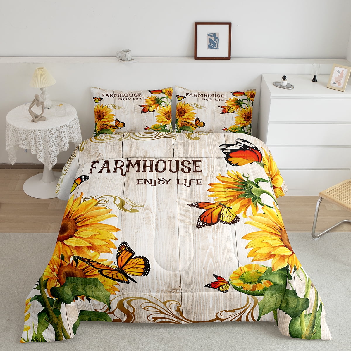 Sunflower Butterfly Comforter Set Farmhouse Decor,Rustic Garden Style