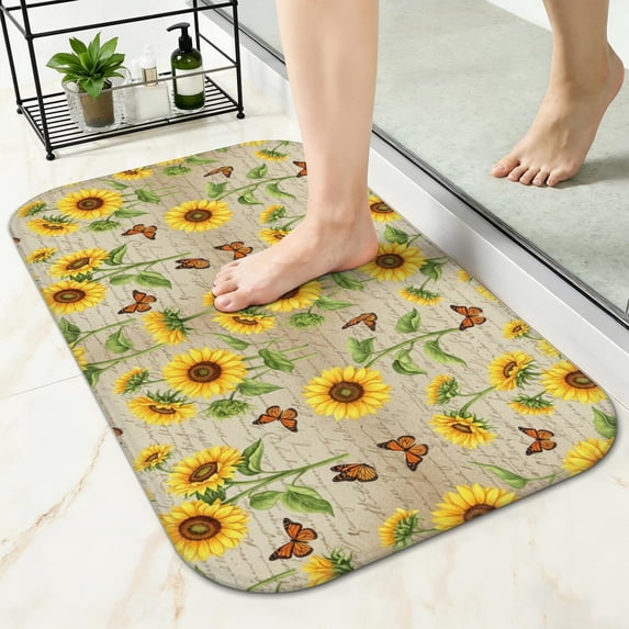 Sunflower and Butterfly Cream Pattern Non-Slip Bath Mat, Bedroom Area ...