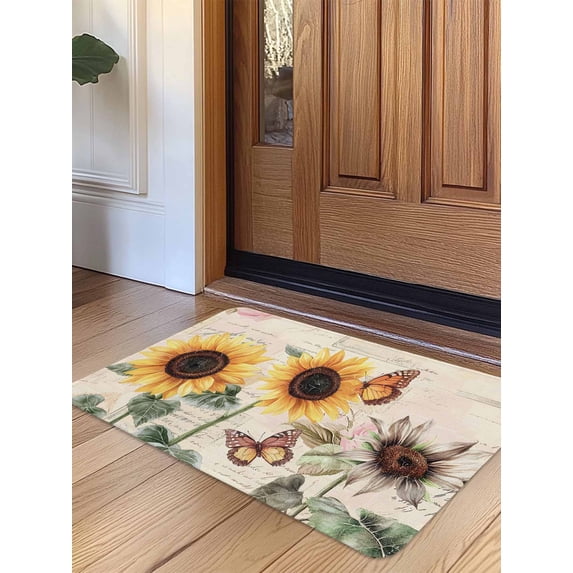 Sunflower Butterfly Door Mat Indoor Outdoor Entrance, Non Slip Rug for Kitchen Bathroom Entryway Rug, Vintage Farm Floral Watercolor Washable Doormat Floor Mat for Office Home Decor 20x31.5 Inch