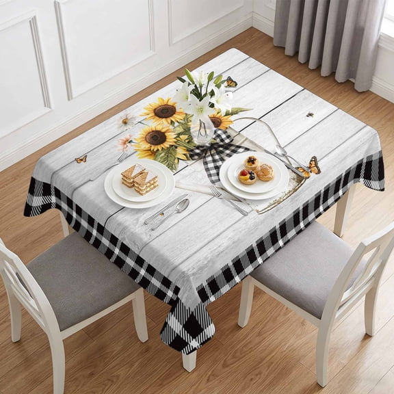 Sunflower Butterfly Farm Kettle Table Cloth 60x84in, Waterproof Rectangle Tablecloth Wipeable Tablecloths Black Checker Vintage Wood Board Table Covers for Dining Tables Party Indoor Outdoor
