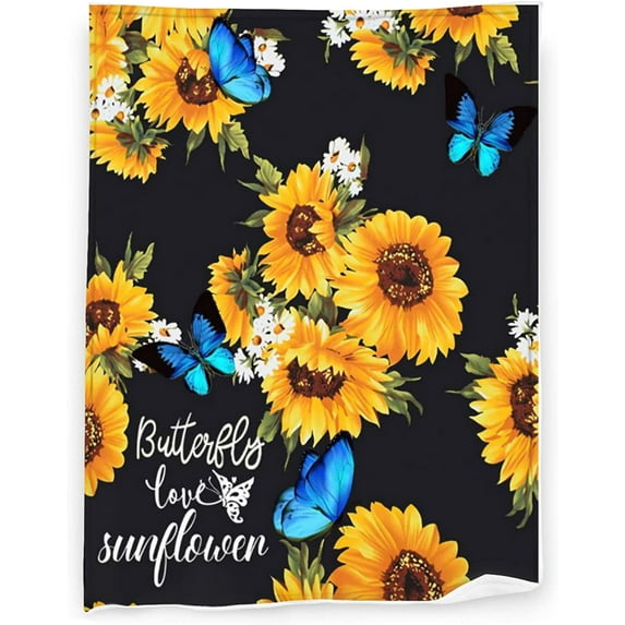 Sunflower Butterfly Fleece Throw Blanket, Blue Butterfly Super Soft Fuzzy Plush Flannel Blanket,Lightweight Microfiber Cozy Warm Blanket, for Couch Sofa or Bed All Seasons 50" x 60"