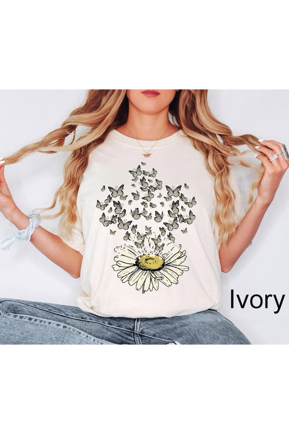 Sunflower Butterfly Floral Botanical T-Shirt All Size S-3Xl