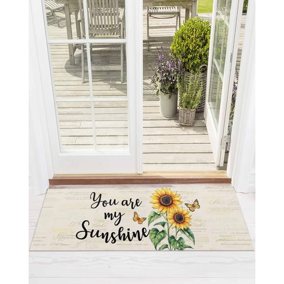 Sunflower Butterfly Front Door Mat You Are My Sun Shine Vintage Farmhouse Welcome Doormat Indoor Outdoor Entrance Floor Mat Non-Slip Washable Runner Rug for Front Porch Decor 16x47 Inch